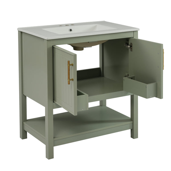 English Elm 30-Inch Green Bathroom Vanity With Ceramic Sink, Elegant Design, Smart Storage For Small Spaces WF325888AAF
