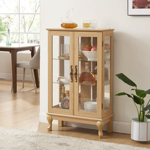 English Elm 2 Doors Curio Cabinet With Lighted Display & Mirrored Back, Adjustable Shelves - Oak Elegance For Home W2275P178895