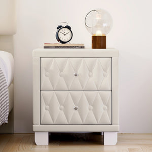 English Elm Elegant Velvet Upholstered Nightstand with Crystal Knobs Tufted Glam Bedside Storage Beige N733P210398A