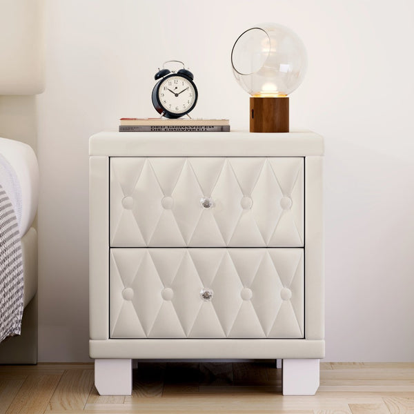 English Elm Elegant Velvet Upholstered Nightstand with Crystal Knobs Tufted Glam Bedside Storage Beige N733P210398A