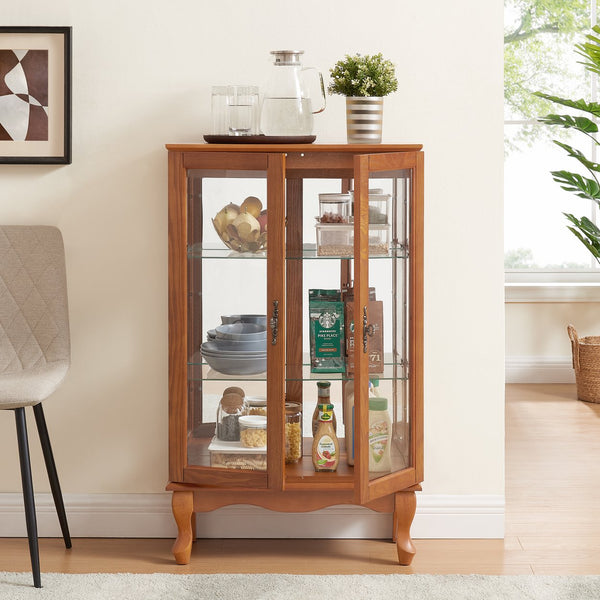 English Elm 2 Doors Curio Cabinet With Adjustable Shelves, Mirrored Back & Integrated Lighting - Elegant Oak Display W2275P177197