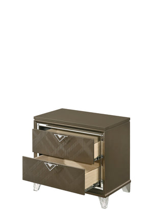 English Elm Skylar Champagne Finish Nightstand with Embossed Drawers, Mirrored Trim & Acrylic Tapered Legs B2726P261234