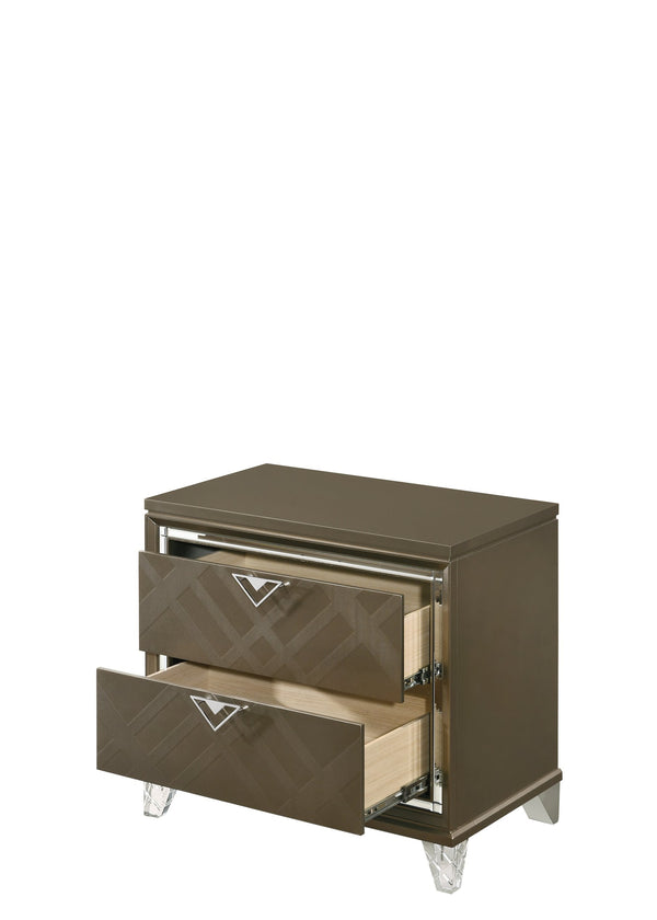 English Elm Skylar Champagne Finish Nightstand with Embossed Drawers, Mirrored Trim & Acrylic Tapered Legs B2726P261234