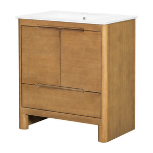 English Elm [video] 30 Inch Freestanding Bathroom Vanity Pine Legs Ceramic Sink Soft Close Storage Natural N759P412928N