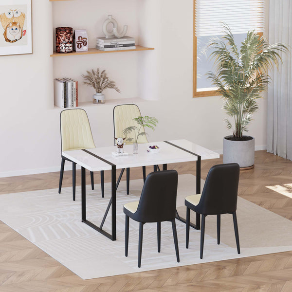 English Elm 55 Modern 4-Person MDF Dining Table Set with Sturdy Black Metal Legs and Padded PU Chairs for Families Beige+Black,White W2189S00731