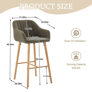 English Elm Modern Linen Upholstered Barstools with Oak Legs Armrests and Footrest for Kitchen Islands Green W395P396315