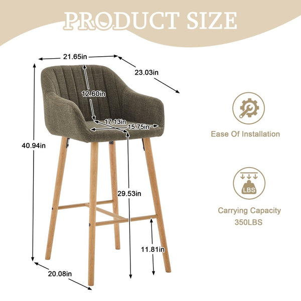 English Elm Modern Linen Upholstered Barstools with Oak Legs Armrests and Footrest for Kitchen Islands Green W395P396315