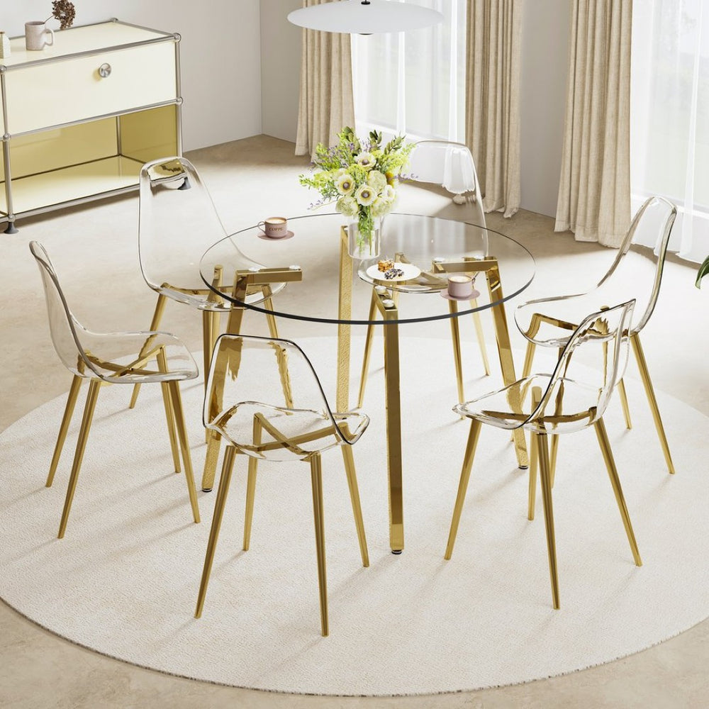 English Elm Table Set: Modern Round Tempered Glass Dining Table With 6 Transparent Chairs & Gold Legs, Stylish! W1151S02865-GIGA