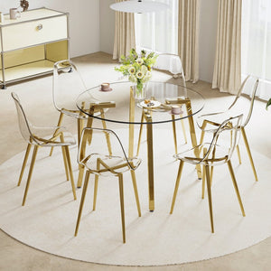 English Elm Table Set: Modern Round Tempered Glass Dining Table With 6 Transparent Chairs & Gold Legs, Stylish! W1151S02865-GIGA