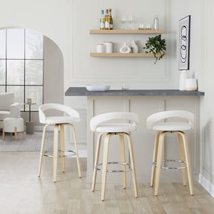 English Elm Fixed-height Swivel Barstools Walnut Bentwood Legs White Velvet Seat Set of 2 B202S01917