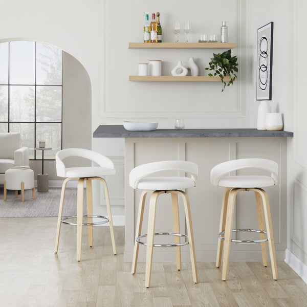 English Elm Fixed-height Swivel Barstools Walnut Bentwood Legs White Velvet Seat Set of 2 B202S01917