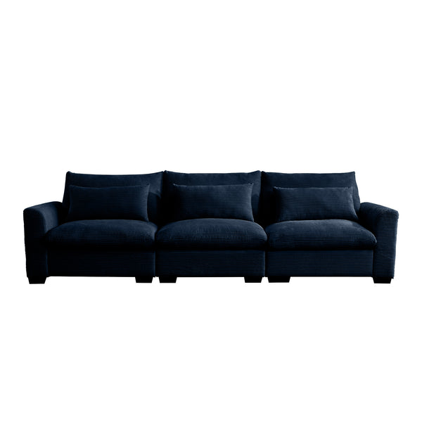 English Elm 3 Seater Deep Seat Corduroy Sofa with Plush Waist Pillows, Modular Comfort and Luxe Cozy Design Blue W714S00650
