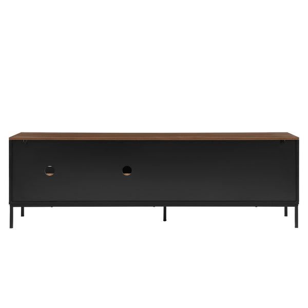 English Elm U-can Mid Century Walnut Media Console with Sliding Doors and Metal Frame for Living Rooms Black N724P360370B