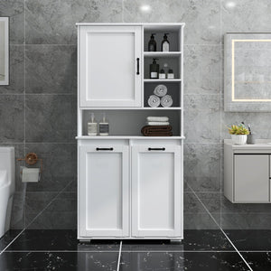 English Elm Laundry Cabinet with Tilt-Out Hampers, Adjustable Shelves, Freestanding White Storage Organizer W331S00168
