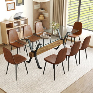 English Elm Table Set With Tempered Glass Top And 8 Brown Techno-Fabric Chairs, Modern X-Shaped Metal Legs W1151S04088-GIGA