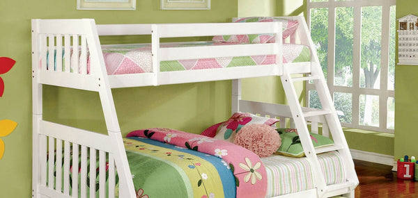 English Elm Twin Over Full Cottage Style Bunk Bed - Solid Wood, White Finish, Safe Angled Ladder, Stylish Design B2741S00396-GIGA