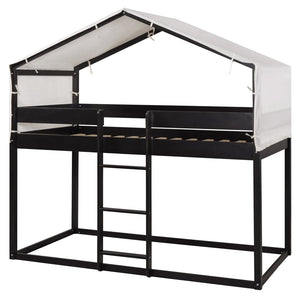 English Elm Twin Over Kids Bunk Bed with Tent Canopy Farmhouse Pinewood Playroom Frame Espresso N708P248523P