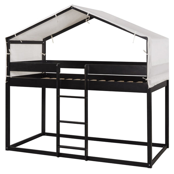 English Elm Twin Over Kids Bunk Bed with Tent Canopy Farmhouse Pinewood Playroom Frame Espresso N708P248523P