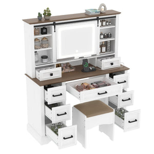 English Elm 47.2" Farmhouse Vanity Desk with Led Mirror Sliding Storage Stool 9 Drawers Oak White N704G202304A