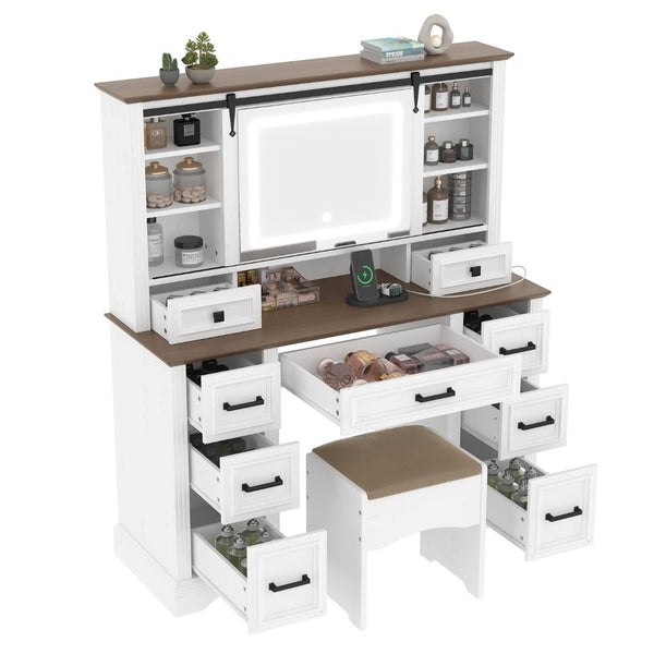 English Elm 47.2" Farmhouse Vanity Desk with Led Mirror Sliding Storage Stool 9 Drawers Oak White N704G202304A