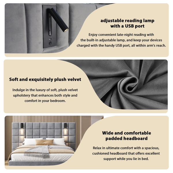 English Elm Christopher Knight Home® - California King Velvet Upholstered Bed Frame with Wide Padded Headboard, USB Sconce, Sturdy Slats N757C331769E