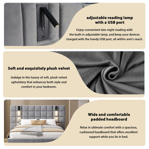 English Elm King Velvet Platform Bed Wide Padded Headboard Integrated Sconces and Usb Charging N757K200132G-1