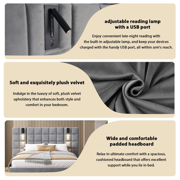 English Elm King Velvet Platform Bed Wide Padded Headboard Integrated Sconces and Usb Charging N757K200132G-1