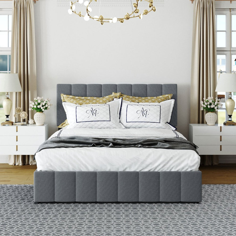 English Elm Queen Linen Upholstered Platform Bed with Hydraulic Lift Storage and Padded Headboard N708P201552E