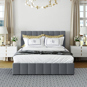 English Elm Queen Linen Upholstered Platform Bed with Hydraulic Lift Storage and Padded Headboard N708P201552E