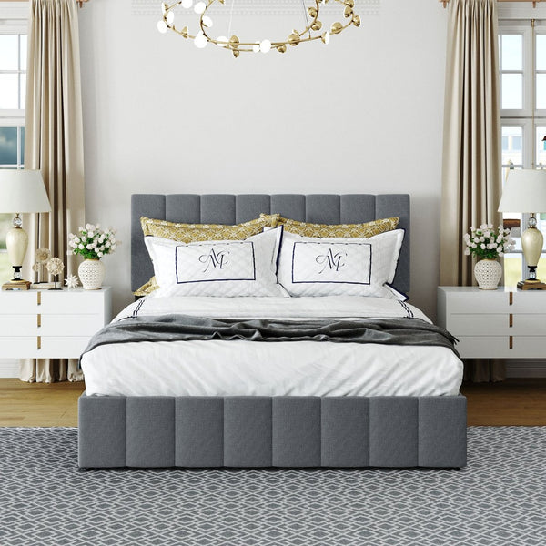 English Elm Queen Linen Upholstered Platform Bed with Hydraulic Lift Storage and Padded Headboard N708P201552E