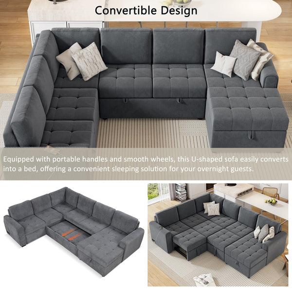 English Elm 107.5" U-shaped Sofa Sectional with Storage Chaise, Pull-Out Bed, USB Charging, Corduroy Comfort Gray N719S001570E