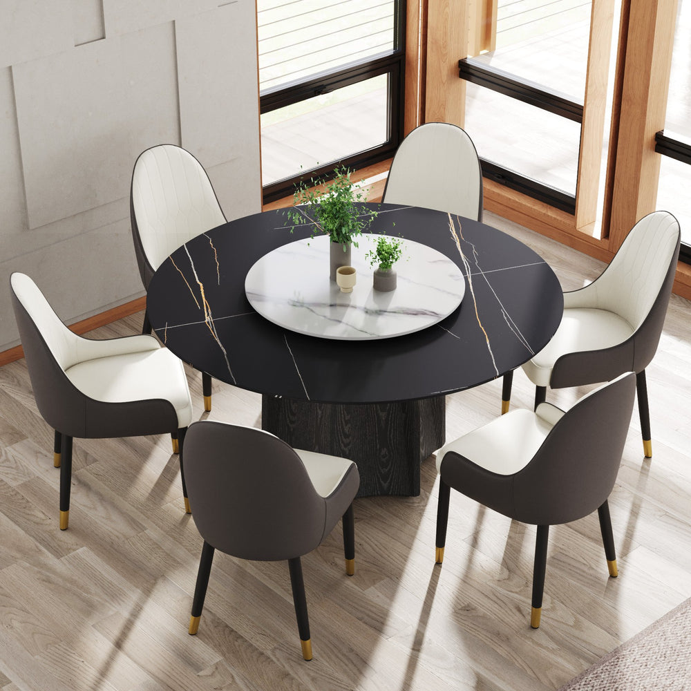 English Elm 59.05" Round Marble Dining Table With Black Wood Base, Turntable & Seating For 6-8, Modern Elegance W1535S00383