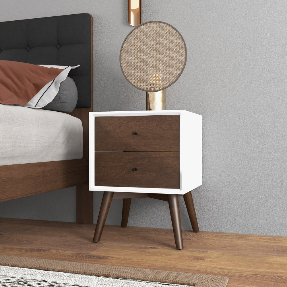 English Elm Ashcroft Furniture - Caroline Mid Century Modern 2-Drawer Solid Wood Nightstand in Walnut & White – Stylish Storage Solution B183P231965