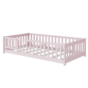 English Elm Twin Solid Rubberwood Floor Bed with Full Perimeter Safety Rails for Toddler Rooms Pink W504P296782