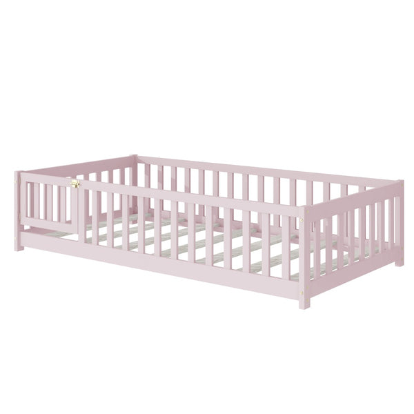 English Elm Twin Solid Rubberwood Floor Bed with Full Perimeter Safety Rails for Toddler Rooms Pink W504P296782