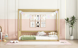 English Elm Twin Canopy Frame Floor Bed With Guardrails - Cozy, Safe Pine Design For Kids' Imaginative Spaces W504P143279-GIGA