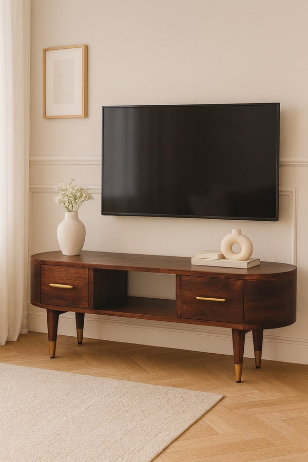 English Elm Solid Mango Wood Media Unit With Two Drawers & Open Shelf, Stylish Storage For Modern Interiors B182P372155-GIGA