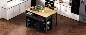 English Elm K&K 47 Inch Kitchen Island with Extendable Dining Table, Rolling Storage Cabinet, Built-In Power Black N707P215327B