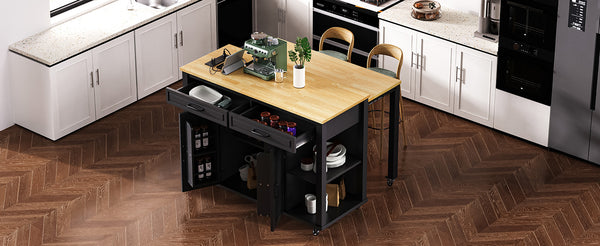 English Elm K&K 47 Inch Kitchen Island with Extendable Dining Table, Rolling Storage Cabinet, Built-In Power Black N707P215327B