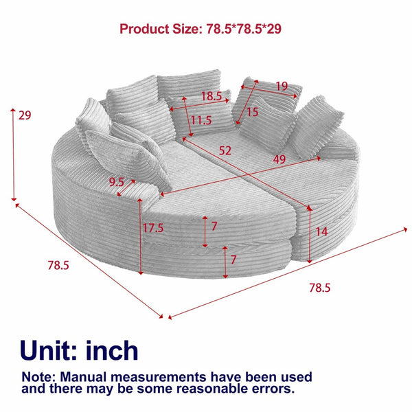 English Elm 78.5-inch Corduroy Round Convertible Recliner Sofa Bed with Neck Support and Throw Pillows Black W834S00563