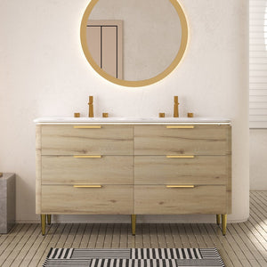 English Elm AMARA 60" Bathroom Vanity with Integrated Sintered Stone Basin, Preassembled Plywood Cabinet with Motion-Activated Light and Soft-Close Drawers Carrara White,White Oak W2615P346338