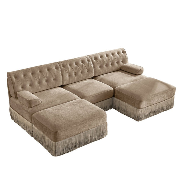English Elm U Shaped Modular Sectional Sofa Chesterfield Tufted Velvet with Tassel Fringe Skirt Camel W714S01698