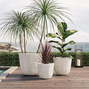 English Elm U_style Mgo Round Planters Set of Three Crackle Stone Texture Patio Garden Pots Beige N711P406660A