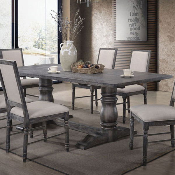 English Elm Rectangular Weathered Gray Trestle Dining Table with Double Turned Pedestal – Rustic Elegance, Durable Craftsmanship, Family-Friendly Centerpiece B016S00012