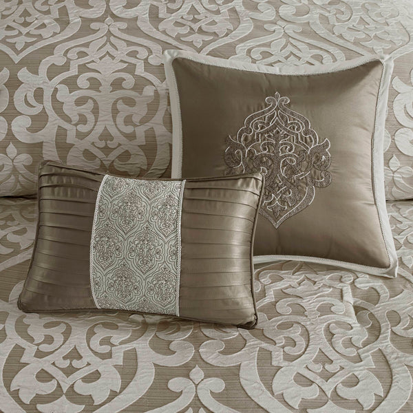 JLA Home Madison Park - 8 Jacquard Comforter Set with Damask Medallion Design, Reversible Satin-Ground Ensemble, Euro Shams & Pillows Tan/Ivory MP10-6287