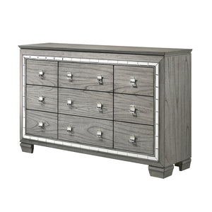 English Elm Antares Light Gray Oak Finish Dresser with 9 Spacious Drawers, Mirrored Trim & Modern Block Legs B2726P257363