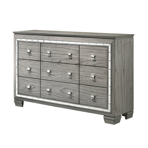 English Elm Antares Light Gray Oak Finish Dresser with 9 Spacious Drawers, Mirrored Trim & Modern Block Legs B2726P257363