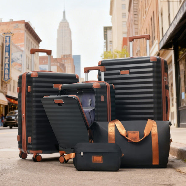 English Elm Luggage 5 Piece Abs Hardshell Travel Set with Usb Port Spinner Wheels and Tsa Lock Black Brown N732P265290B