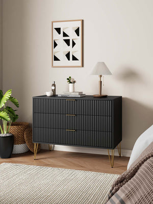 English Elm Dumbo 35" Fluted 3-Drawer Dresser with Gold Metal Legs, Glam Handles, Easy Snap Assembly Black B365P398118