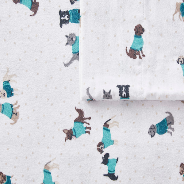 JLA Home Intelligent Design - 100% Cotton Flannel Sheet Set – Ultra-Soft 135gsm Pigment Print for Warmth, Breathable Comfort & Lasting Color Teal Dogs ID20-1753